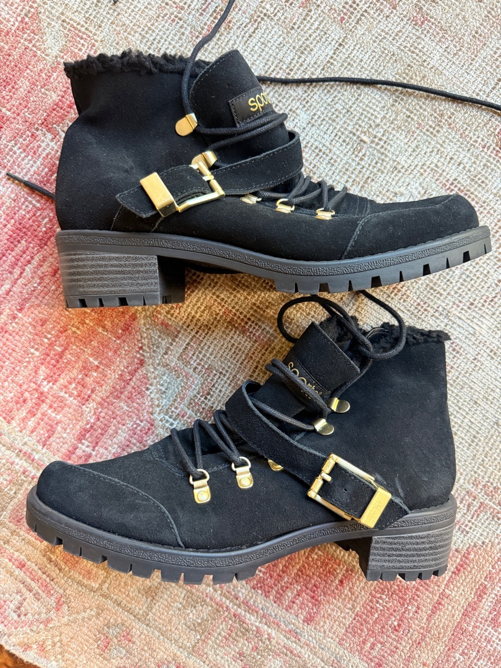 Sporto Black Suede Ankle Boots with Gold Hardware